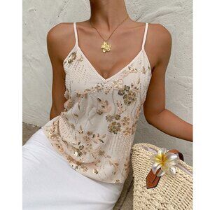 Embellished Cream Sequin Floral V-Neck Tank Top